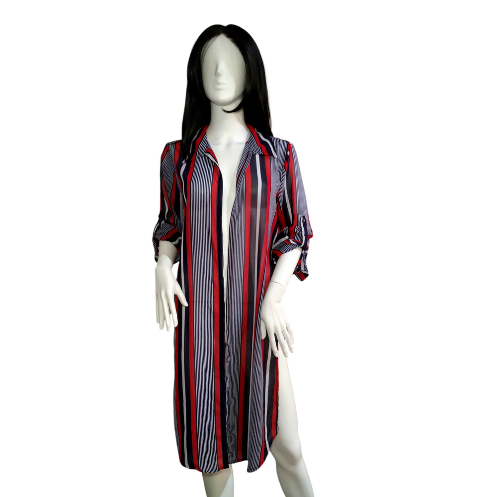 Thread Story Womens Roll Tab Sleeve Collared Stripes Dress Multicolored Large